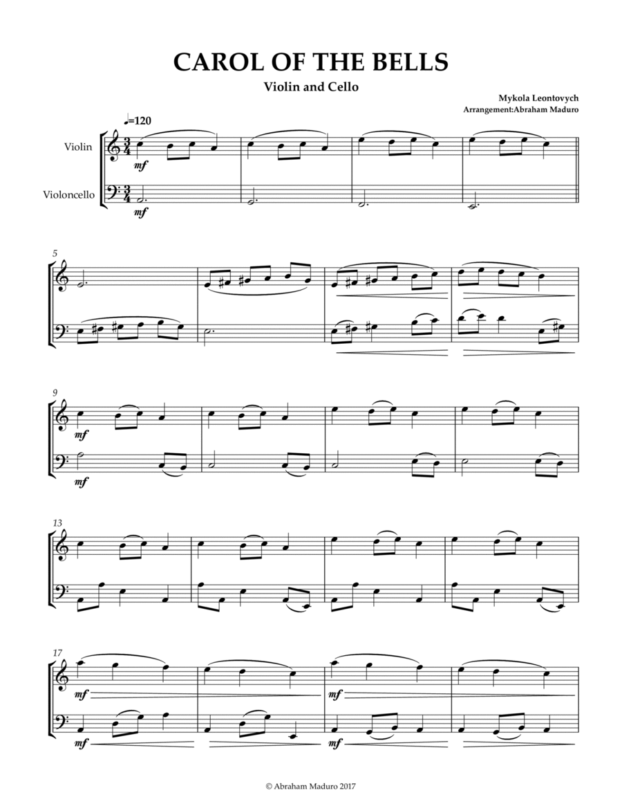 Carol of the Bells Violin and Cello String Duet scores gallery preview page 1