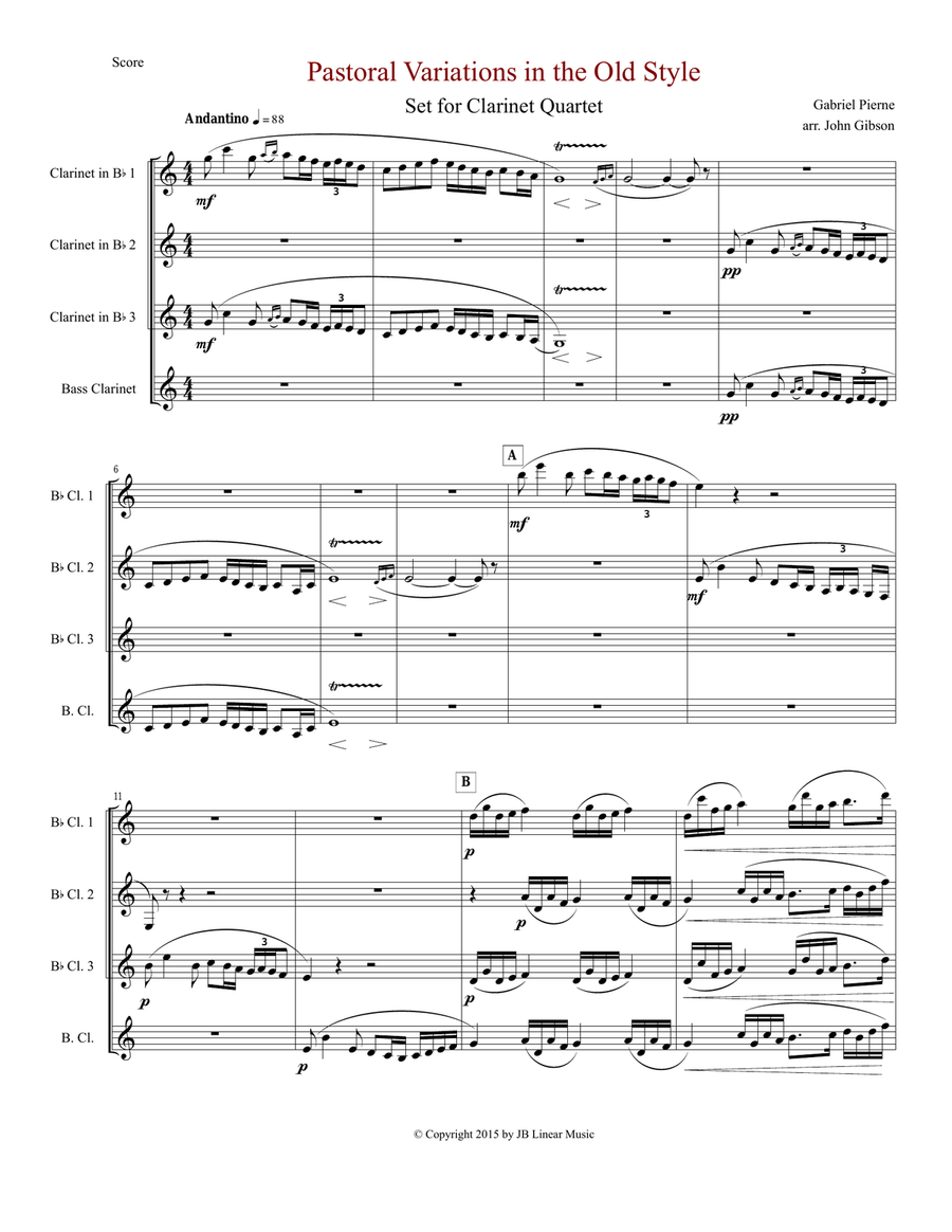Pierne Pastoral Variations in the Old Style set for clarinet quartet Clarinet Quartet scores gallery preview page 1