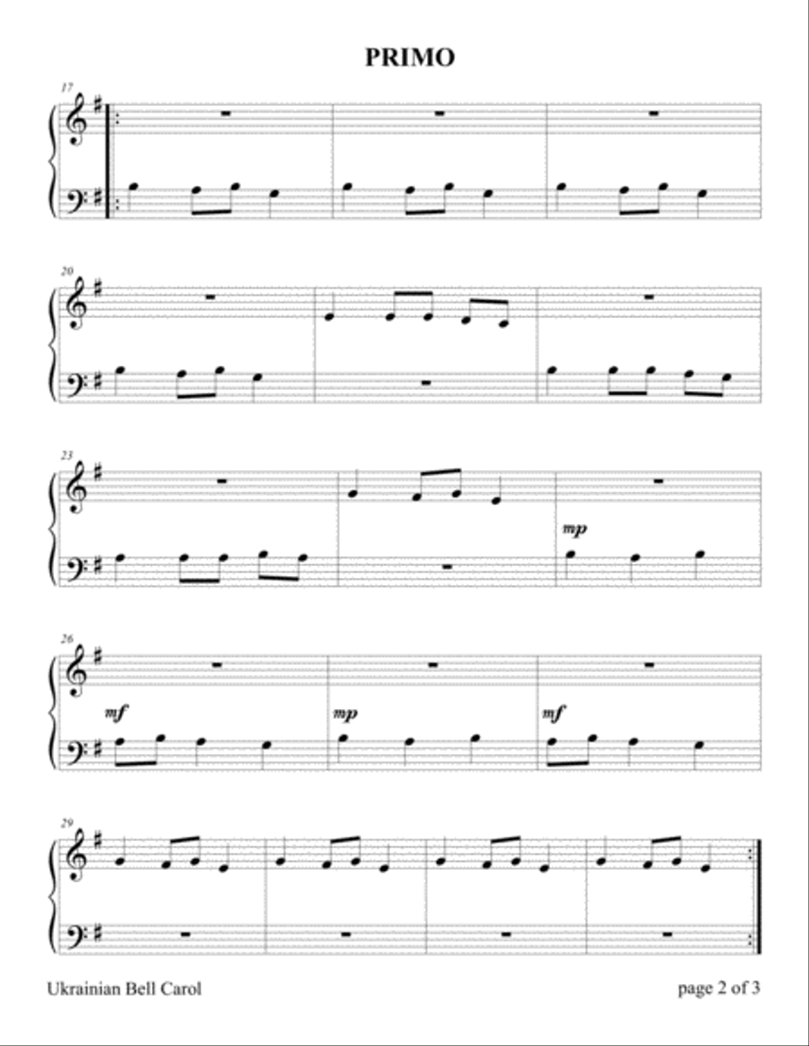 Ukrainian Bell Carol (Easy Piano Duet; 1 Piano, 4 Hands) Easy Piano scores gallery preview page 3