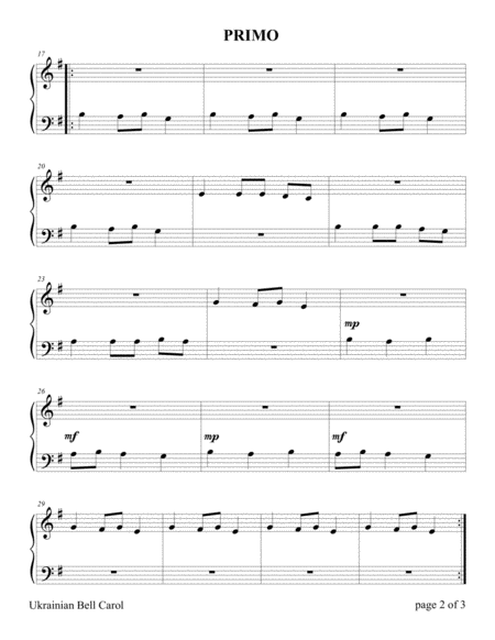 Ukrainian Bell Carol (Easy Piano Duet; 1 Piano, 4 Hands) image number null