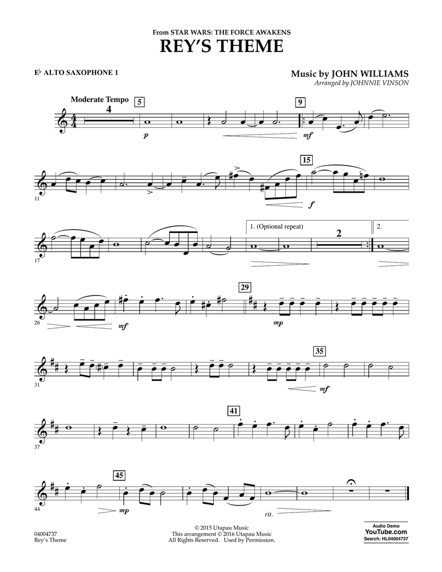 Rey's Theme (from Star Wars: The Force Awakens) - Eb Alto Saxophone 1 Concert Band scores gallery preview page 1