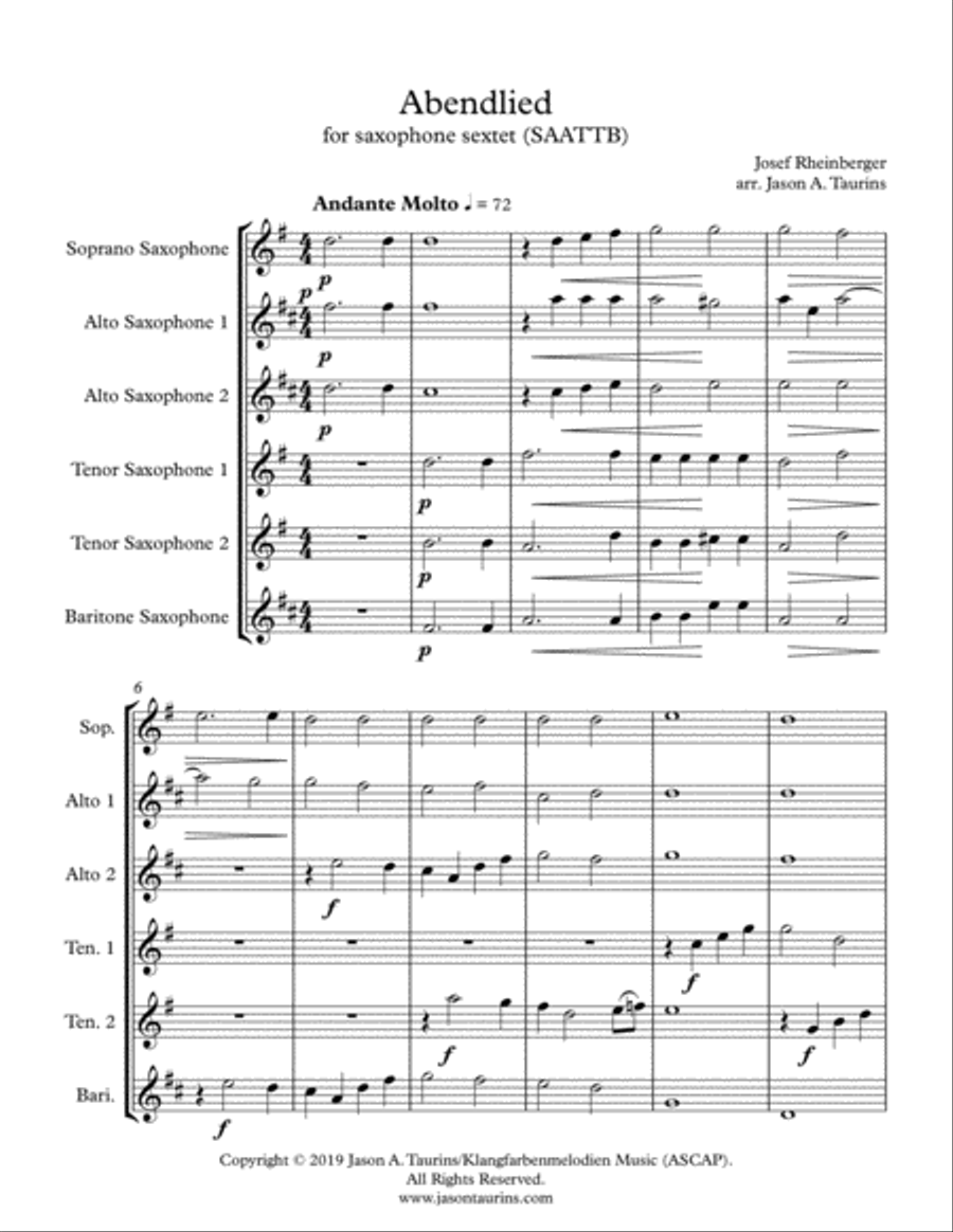 Abendlied for Saxophone Sextet (SAATTB) Woodwind Quartet scores gallery preview page 2