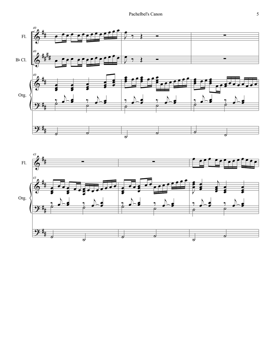 Pachelbel's Canon (Wedding Arrangement: Duet for Flute and Bb-Clarinet with Organ Accompaniment) Woodwind Duet scores gallery preview page 6