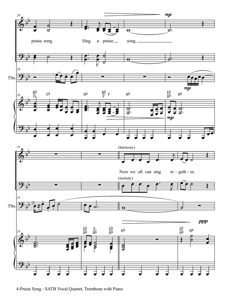 PRAISE SONG (SATB Vocal Quartet with Trombone & Piano) 4-Part scores gallery preview page 5