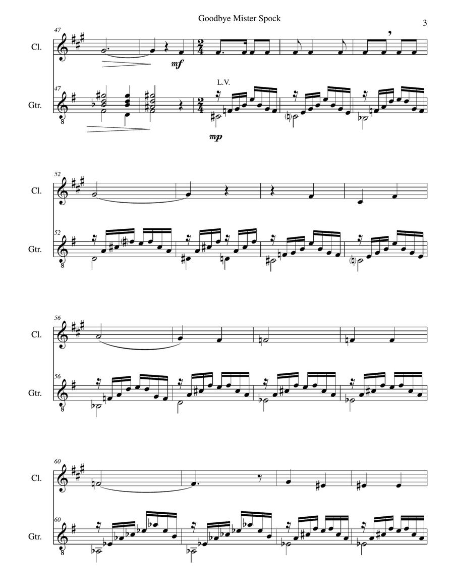 Goodbye Mister Spock for clarinet and guitar Clarinet scores gallery preview page 3