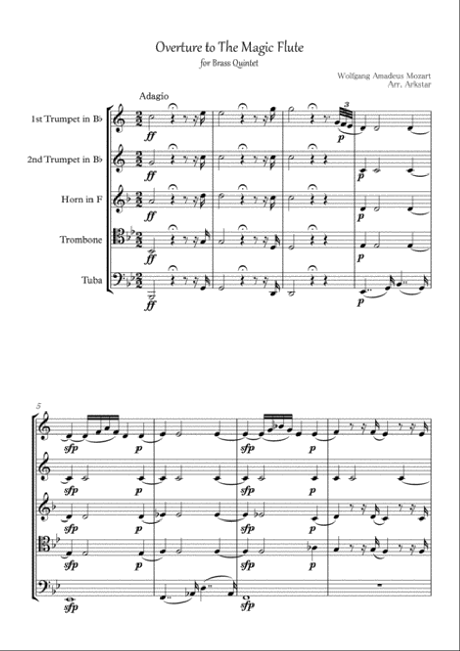 Overture to the Magic Flute for Brass Quintet Brass Ensemble scores gallery preview page 2