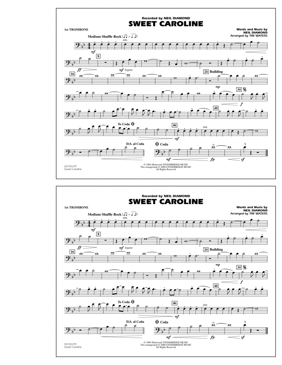Sweet Caroline - 1st Trombone Marching Band scores gallery preview page 1