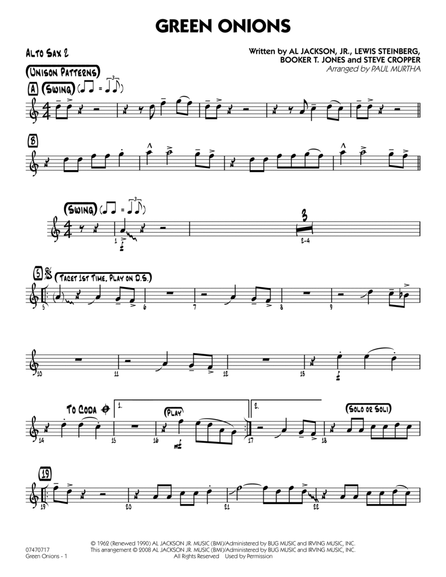 Green Onions - Alto Sax 2 Alto Saxophone scores gallery preview page 1