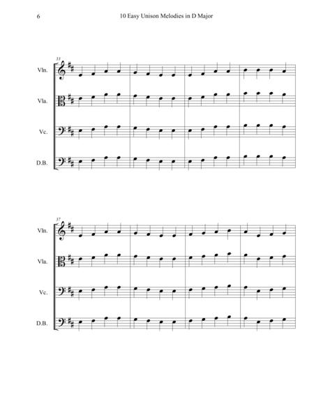 10 Easy Unison Melodies in D Major, for beginner level string orchestra. SCORE & PARTS.