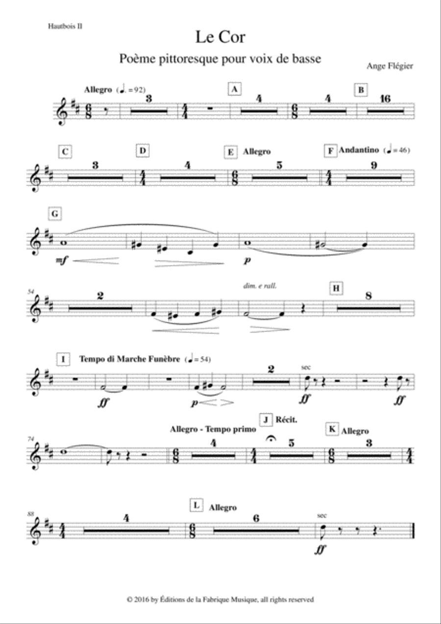 Ange Flégier: Le Cor for bass voice and orchestra, Oboe 2 part Full Orchestra scores gallery preview page 1