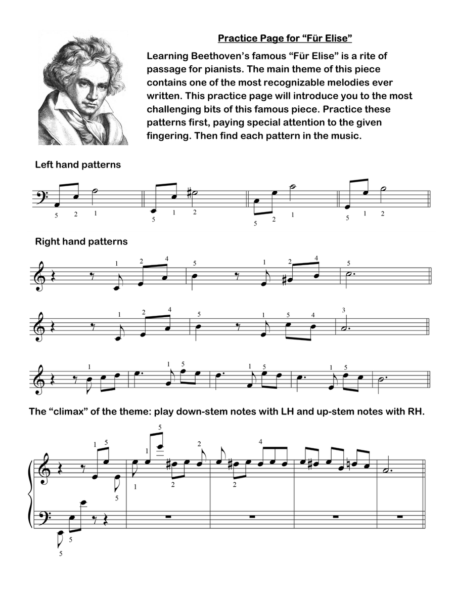 Fur Elise (Main Theme) - early intermediate piano with practice tips Easy Piano scores gallery preview page 1
