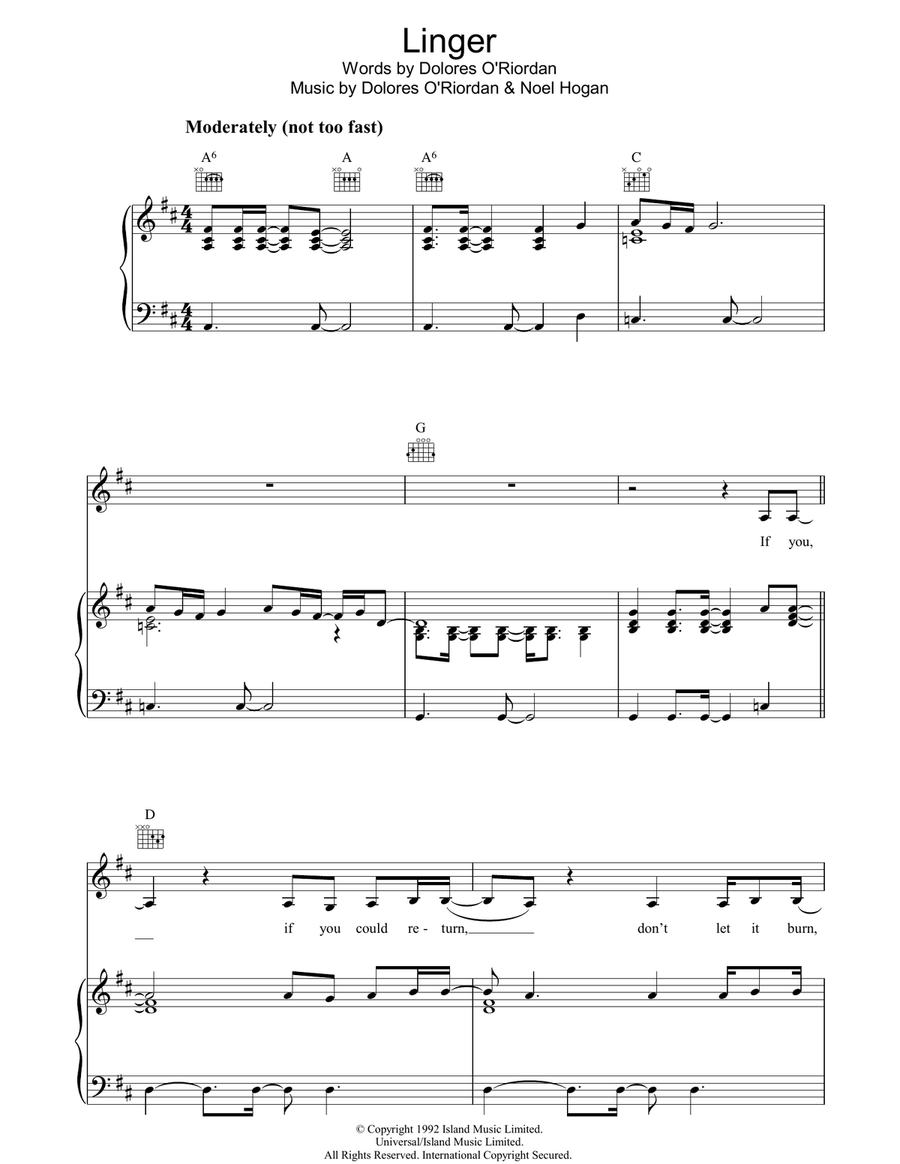 Linger Piano, Vocal, Guitar scores gallery preview page 1