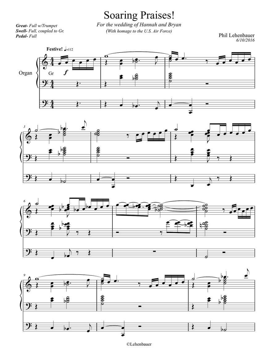 Soaring Praises! (homage to U.S. Air Force) organ work, by Phil Lehenbauer Organ Solo scores gallery preview page 2
