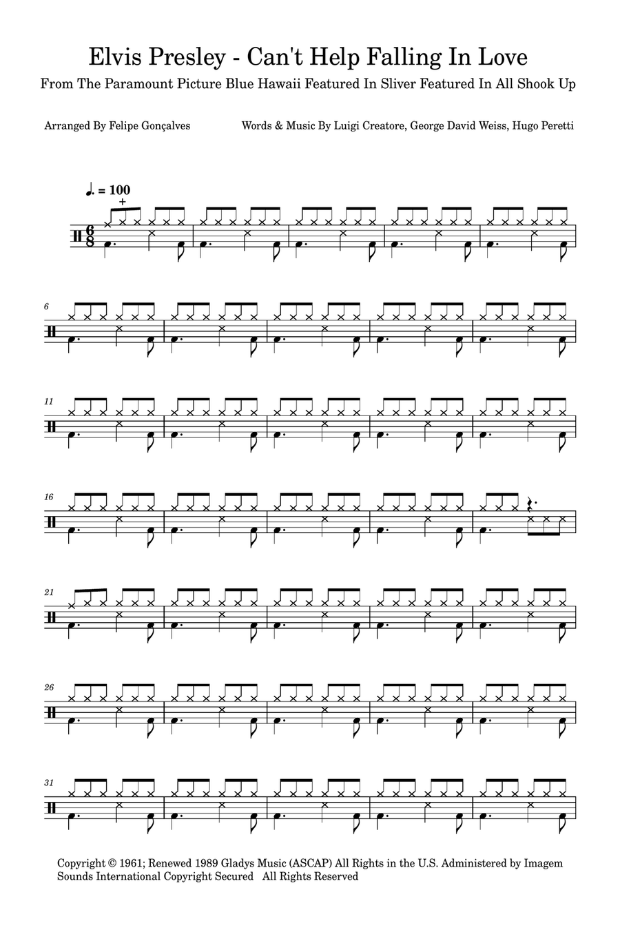 Can't Help Falling In Love Drum Set scores gallery preview page 1
