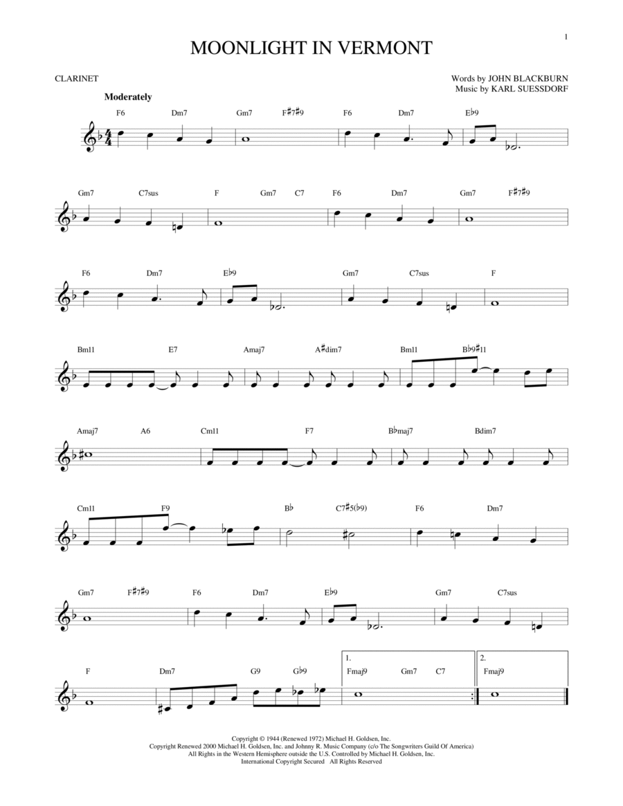 Moonlight In Vermont Clarinet Solo scores gallery preview page 1