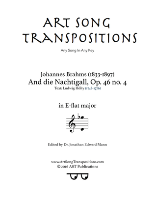 Book cover for BRAHMS: An die Nachtigall, Op. 46 no. 4 (transposed to E-flat major)