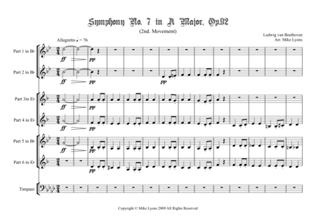 Symphony No. 7, 2nd Movement - Beethoven (Brass sextet w. timpani) by Ludwig van Beethoven Cornet - Digital Sheet Music