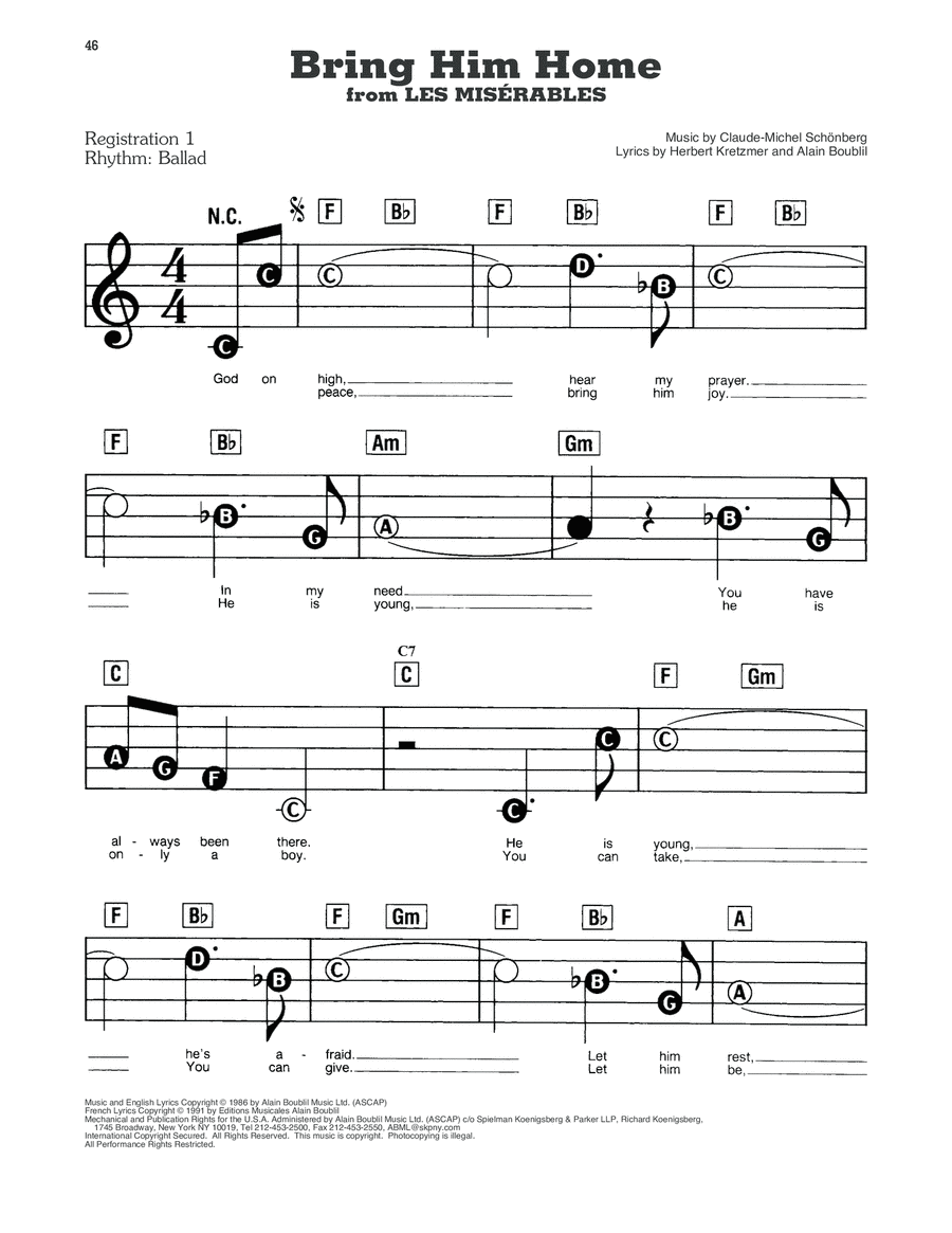 Bring Him Home (from Les Miserables) Electronic Keyboard scores gallery preview page 1