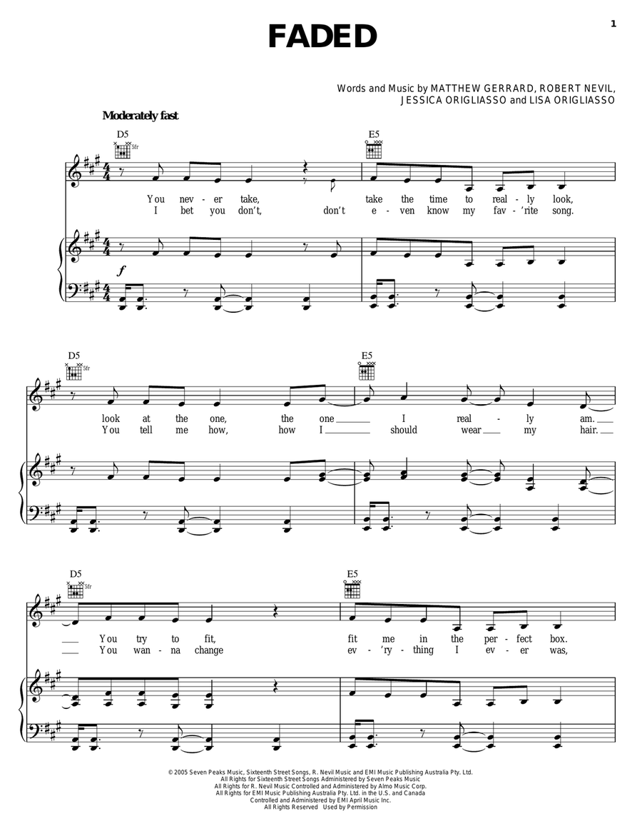 Faded Piano, Vocal, Guitar scores gallery preview page 1