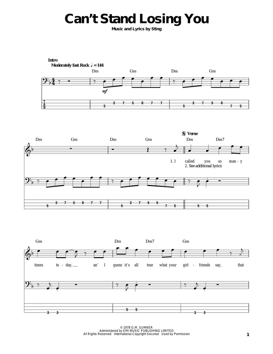 Can't Stand Losing You Can't Stand Losing You Bass Guitar Tablature scores gallery preview page 1