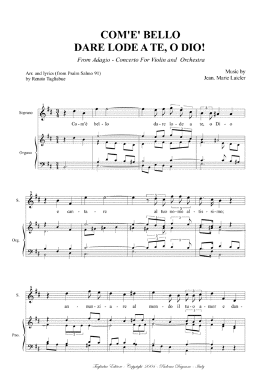ADAGIO - Com'è bello dare lode a te, o Dio - Leclair - Arr. for Soprano and Organ Soprano Voice scores gallery preview page 2
