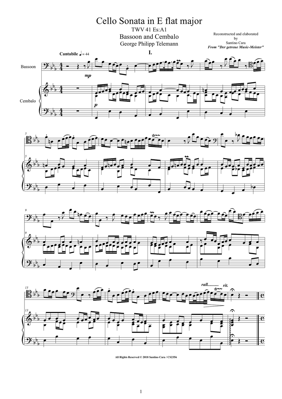 Telemann - Bassoon Sonata in E flat TWV 41EsA1 for Bassoon and Cembalo (or Piano) Bassoon scores gallery preview page 1