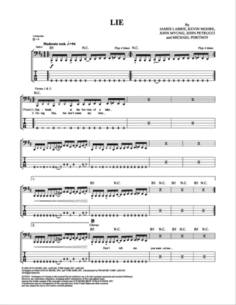 Lie Lie Bass Guitar Tablature scores gallery preview page 1