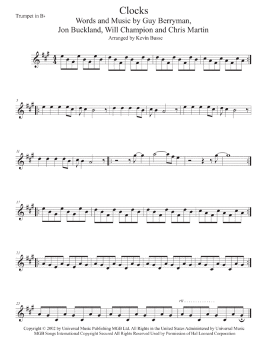 Clocks Trumpet Solo scores gallery preview page 1