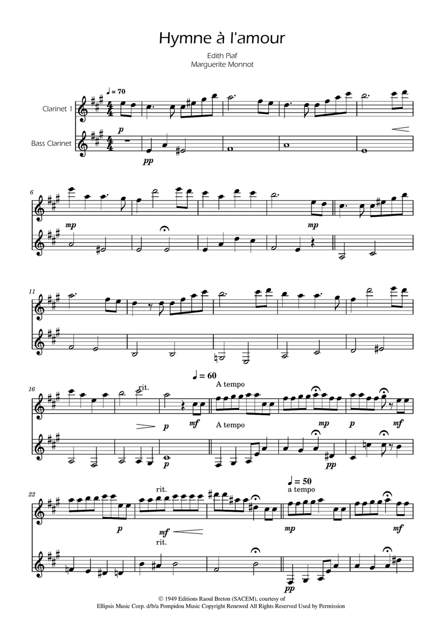 Hymne A L'amour Clarinet Duet scores gallery preview page 1