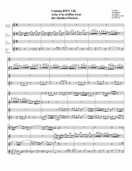 Aria: Uns treffen zwar der Sünden Flecken from Cantata BWV 136 (arrangement for 4 recorders)