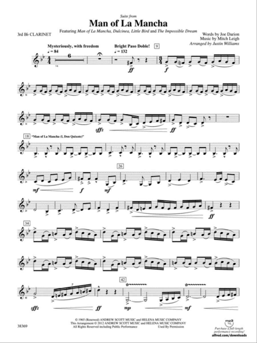 Man of La Mancha: 3rd B-flat Clarinet Concert Band scores gallery preview page 1