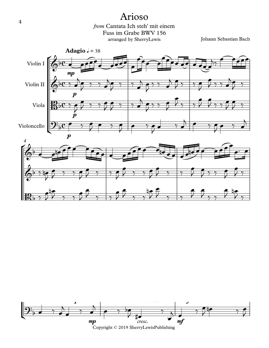 ARIOSO, Bach, String Quartet, Intermediate Level for 2 violins, viola and cello String Quartet scores gallery preview page 1