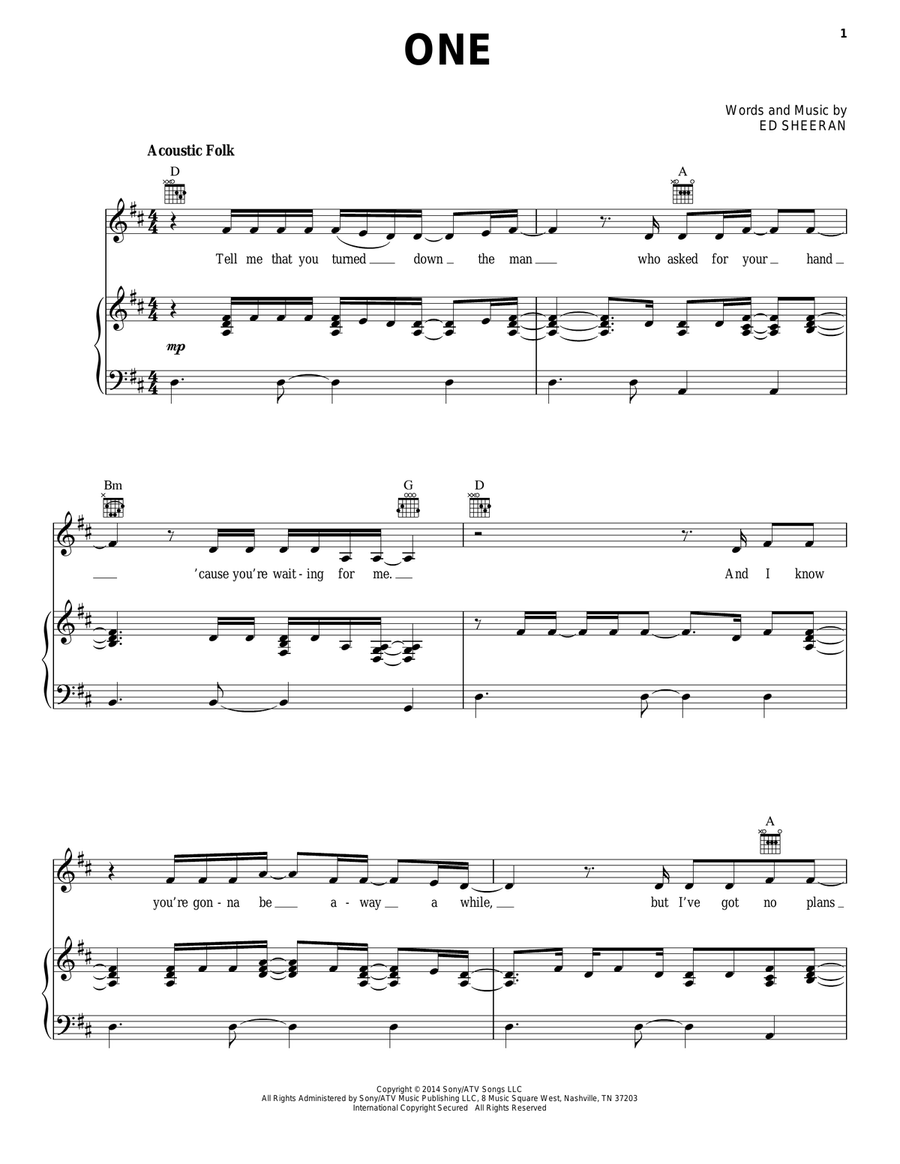One Piano, Vocal, Guitar scores gallery preview page 1