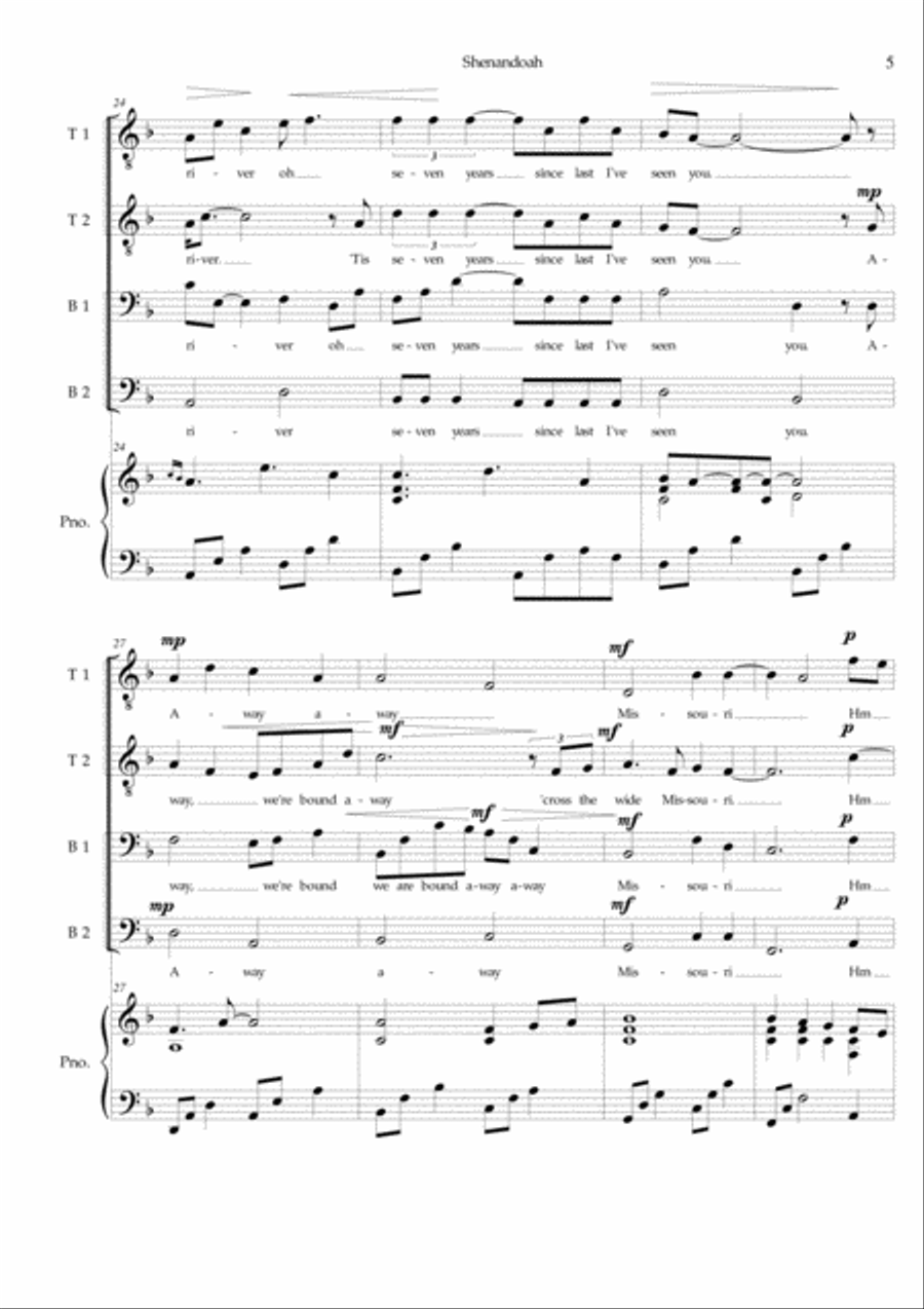 Shenandoah (inspired by Keith Jarrett) - Arrangement for men's choir (TTBB) and piano accompaniment TTBB scores gallery preview page 6