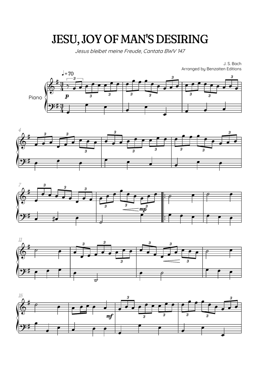 JS Bach • Jesu, Joy of Man's Desiring | Cantata BWV 147 | easy piano sheet music Easy Piano scores gallery preview page 1