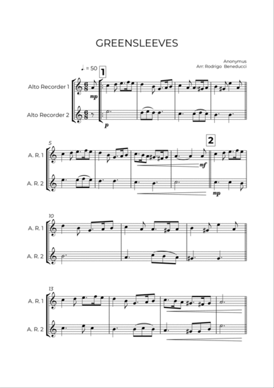 GREENSLEEVES - ANONYMUS – ALTO RECORDER DUO Woodwind Duet scores gallery preview page 2