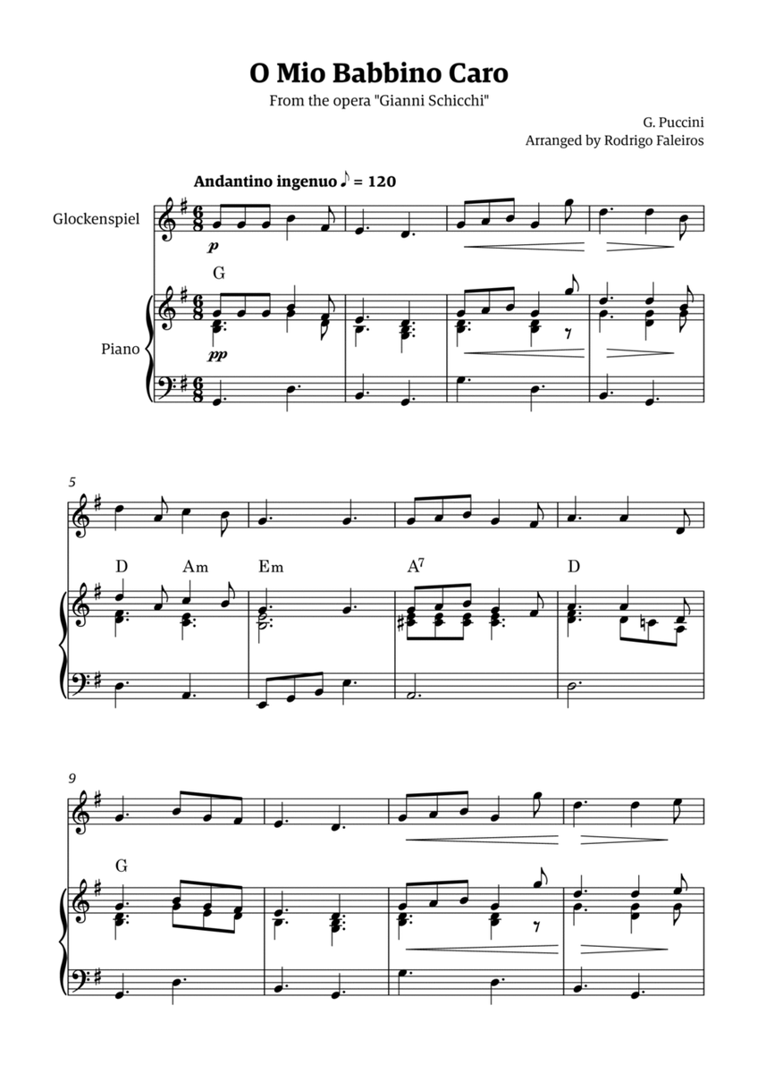 O Mio Babbino Caro - for glockenspiel solo (with piano accompaniment and chords) image number null