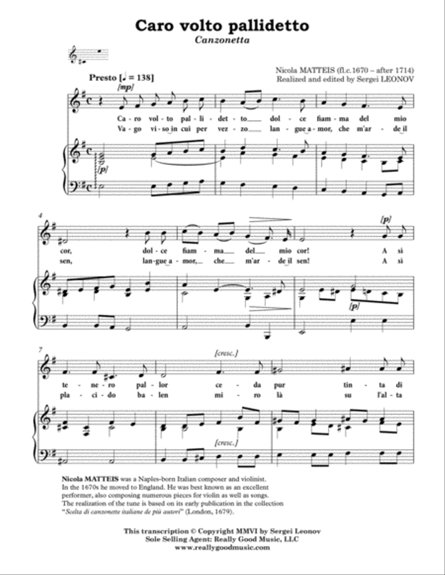 MATTEIS Nicola: Caro volto pallidetto, canzonetta, arranged for Voice and Piano (E minor)