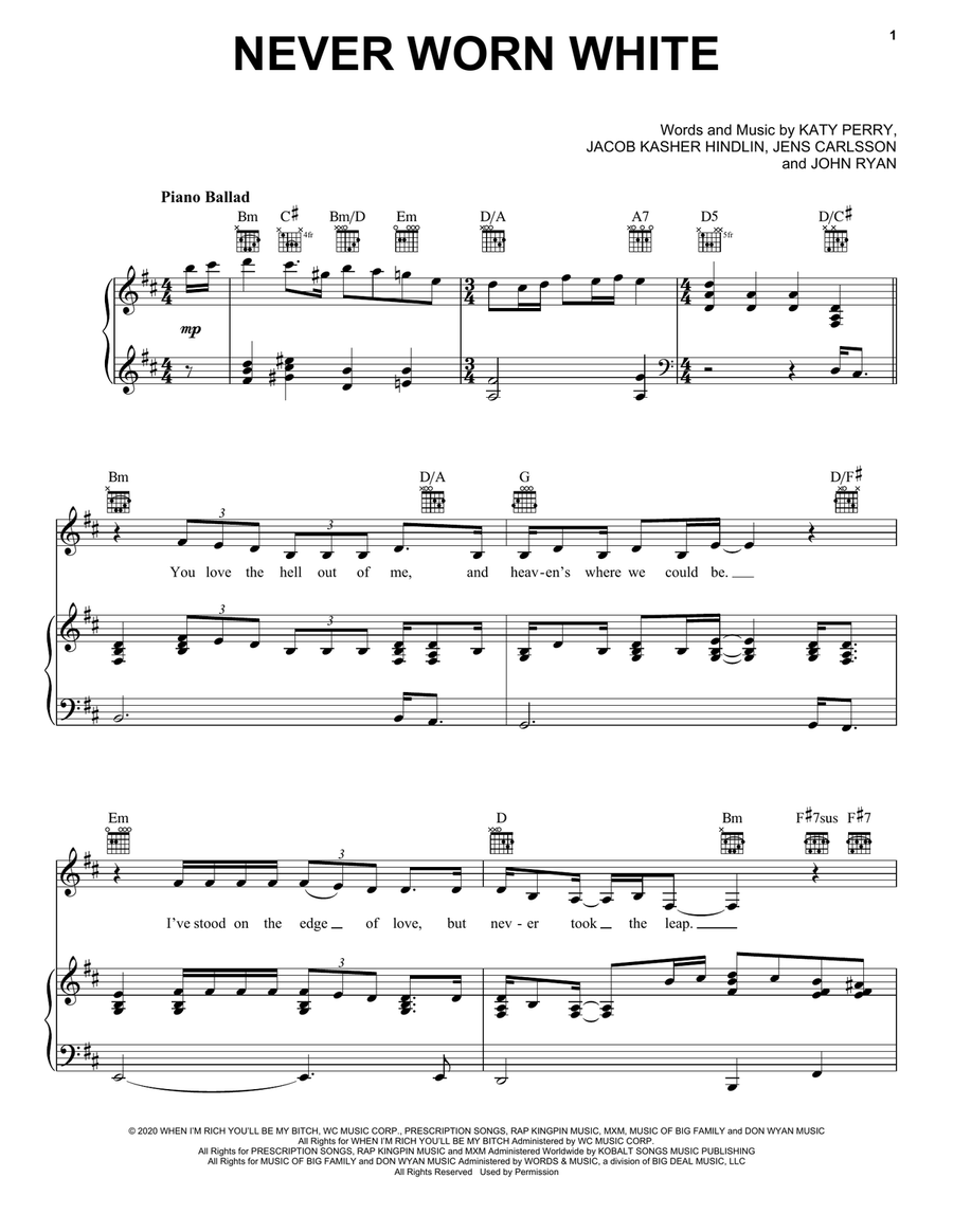 Never Worn White Piano, Vocal, Guitar scores gallery preview page 1