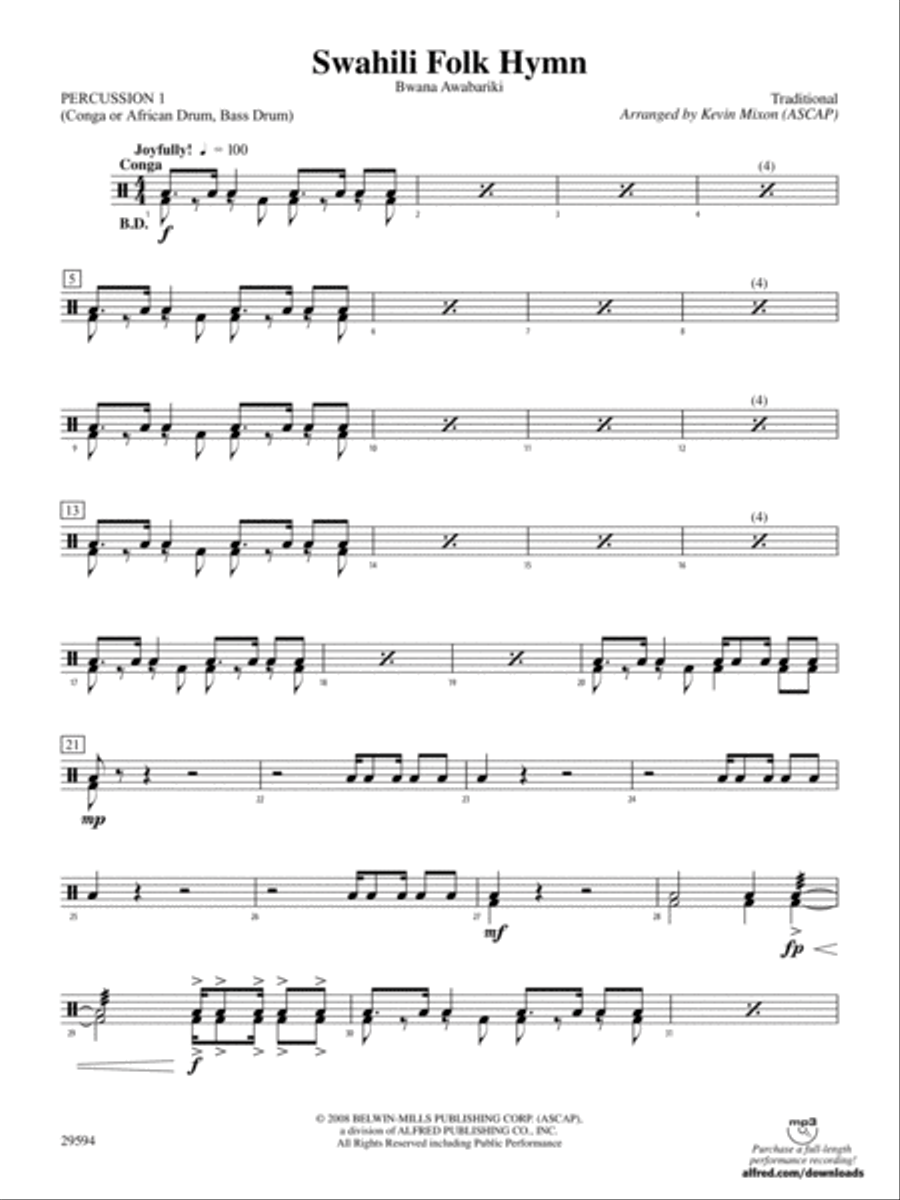 Swahili Folk Hymn (Bwana Awabariki): 1st Percussion Concert Band scores gallery preview page 1