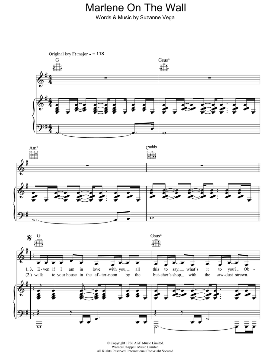 Marlene On The Wall Piano, Vocal, Guitar scores gallery preview page 1