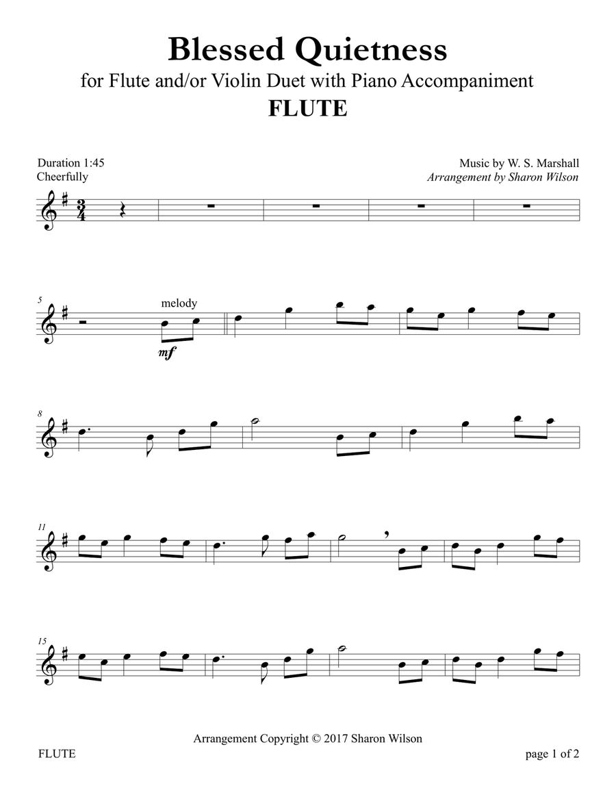 Blessed Quietness (for Flute and/or Violin Duet with Piano accompaniment) Flute scores gallery preview page 1