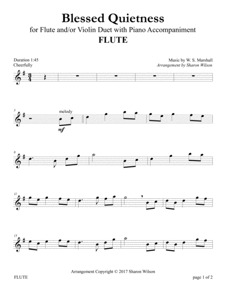Blessed Quietness (for Flute and/or Violin Duet with Piano accompaniment)