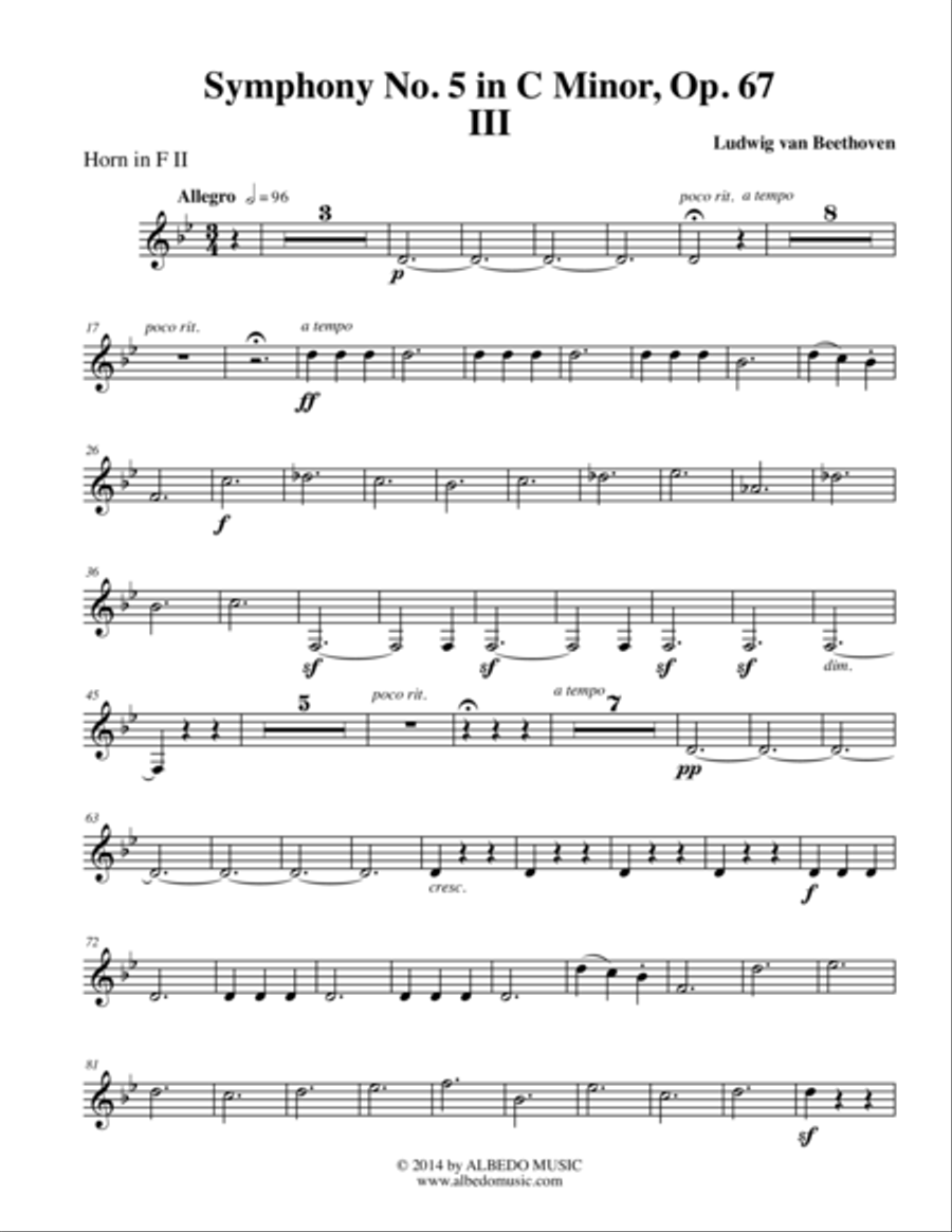 Beethoven Symphony No. 5, Movement III - Horn in F 2 (Transposed Part), Op. 67 Horn Solo scores gallery preview page 1