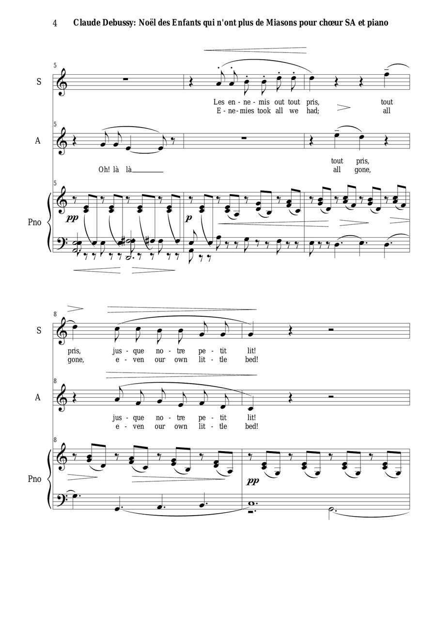 Claude Debussy: Noël des Enfants Qui N'ont Plus de Maisons for SA Treble choir and piano SA scores gallery preview page 4