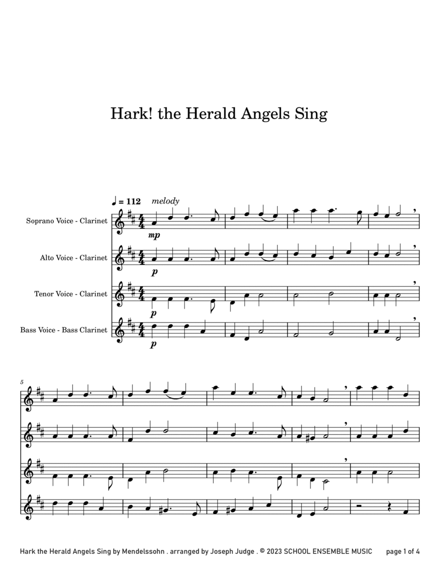 Hark The Herald for Clarinet Quartet in Schools Clarinet Quartet scores gallery preview page 1