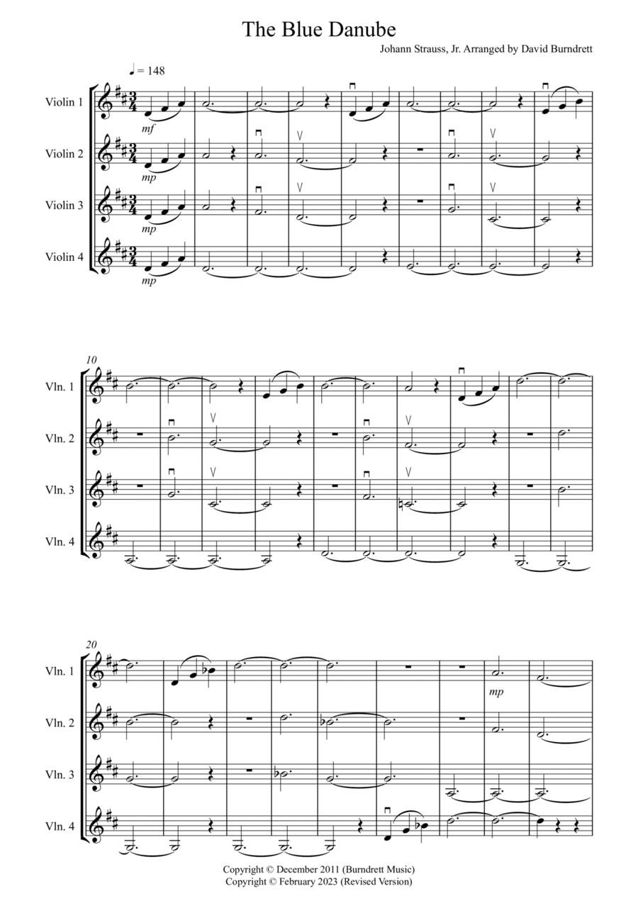 The Blue Danube for Violin Quartet The Blue Danube for Violin Quartet Small Ensemble scores gallery preview page 1