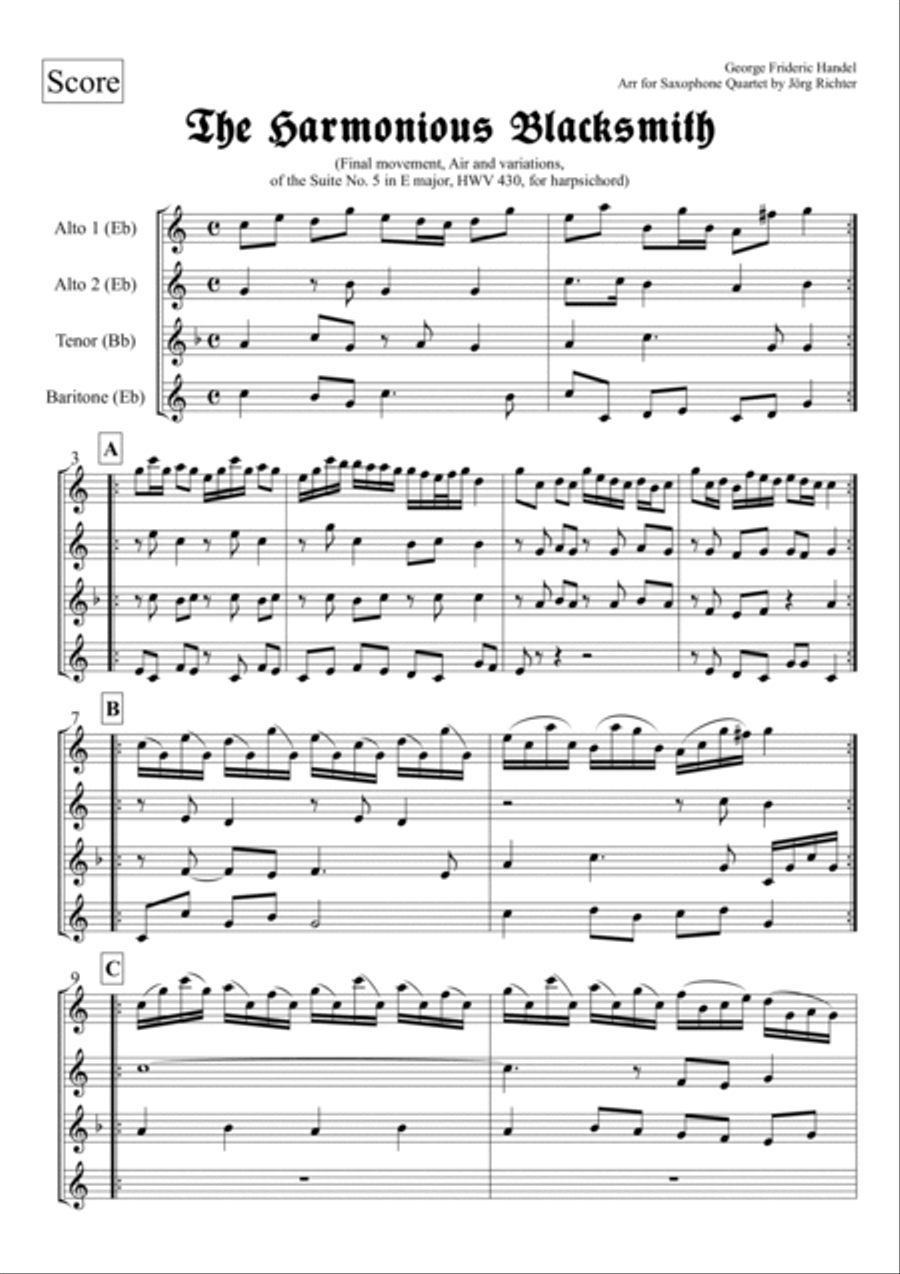 The Harmonious Blacksmith for Saxophone Quartet Saxophone Quartet scores gallery preview page 2
