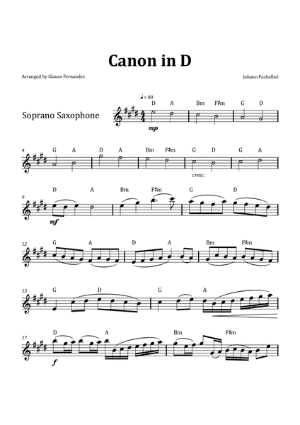 Canon by Pachelbel - Soprano Saxophone & Chord Notation image number null