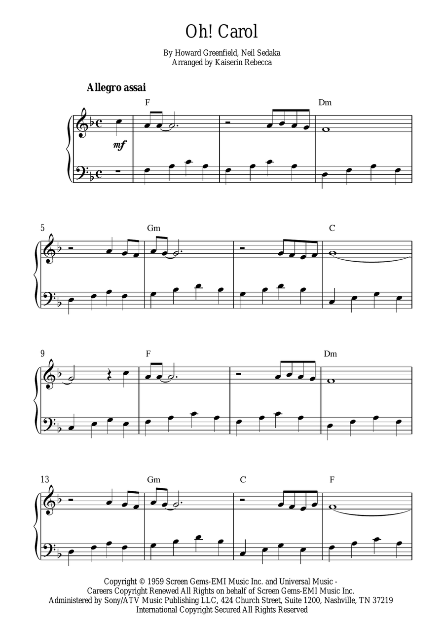 Oh! Carol Oh! Carol Easy Piano scores gallery preview page 1
